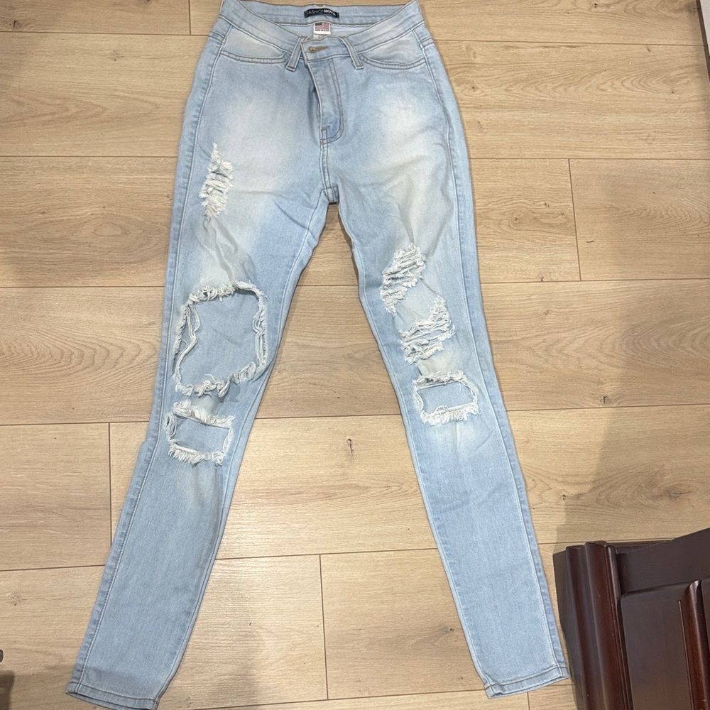 Fashion Nova Light Blue Distressed Skinny Jeans